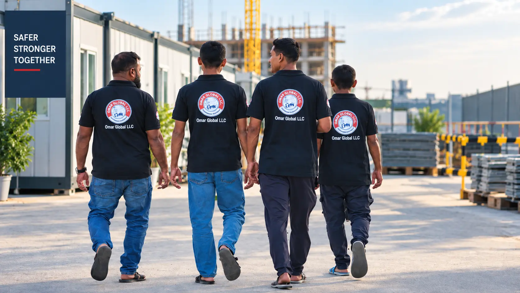 Omar Global LLC workforce team wearing branded uniforms walking across an active project site.